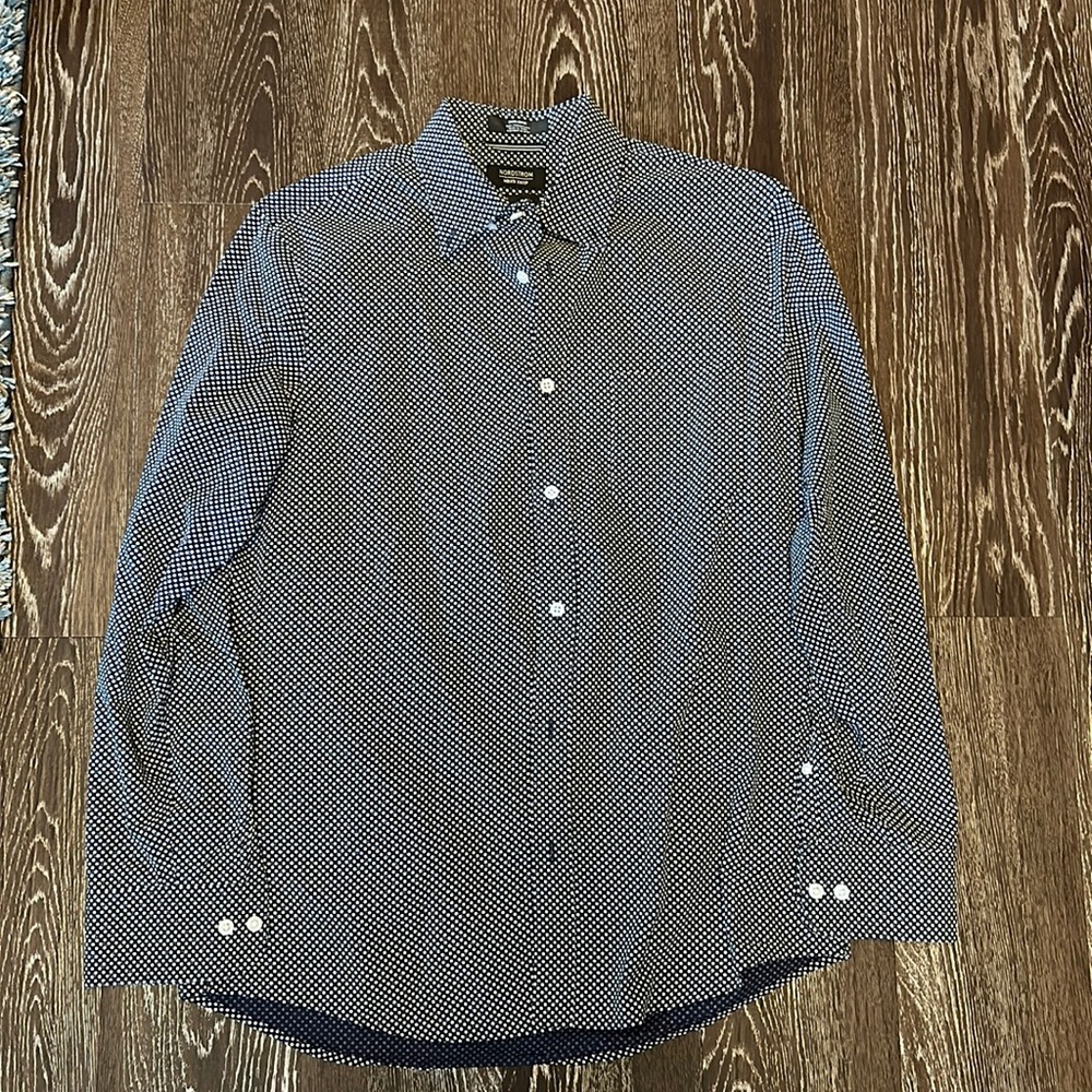 Nordstrom Men’s Shop navy button down with white polka dots and flower accent